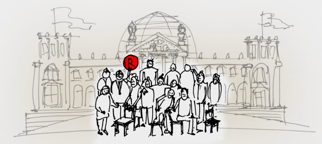 Illustration, Mitglieder Des Berliner Ratschlags für Demokartei vor dem Deutschen Bundestag