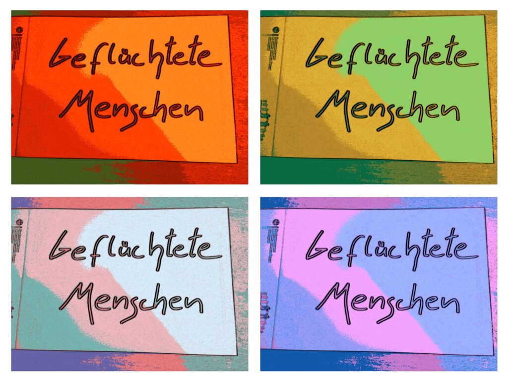 Das Bild zeigt vier Bilder mit der Aufschrift "Geflüchtete Menschen"